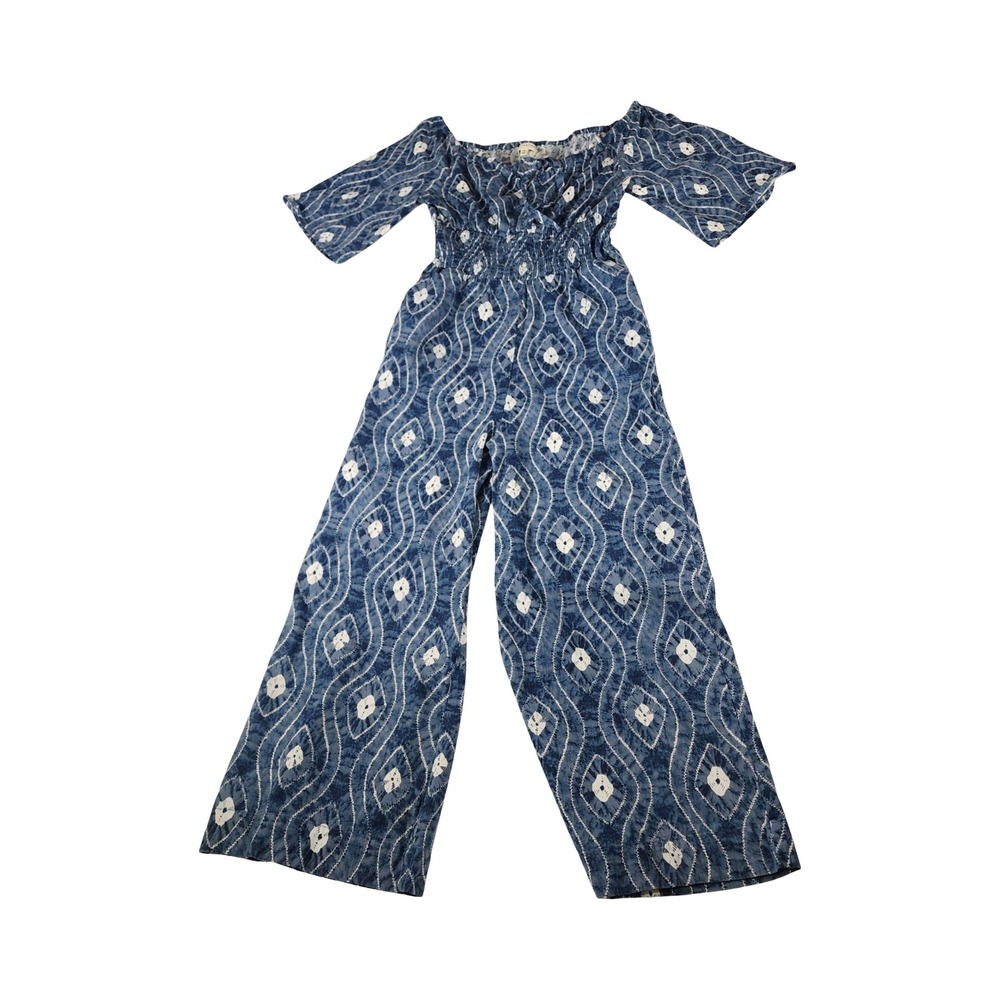 Earthbound Trading Co Indigo Tie Dye Wide Leg Jumpsuit Off Shoulder‎ Smocked  M